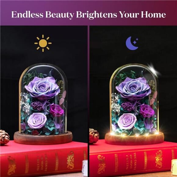 Forever Fresh Rose Flower Bouquet in Glass Dome, Preserved Purple Flowers - Picture 3 of 7